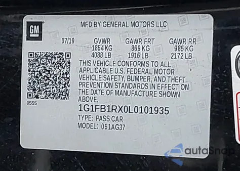 2020 Chevrolet Camaro Rwd 1Ls z USA, uszkodzony, nr VIN 1G1FB1RX0L0101935